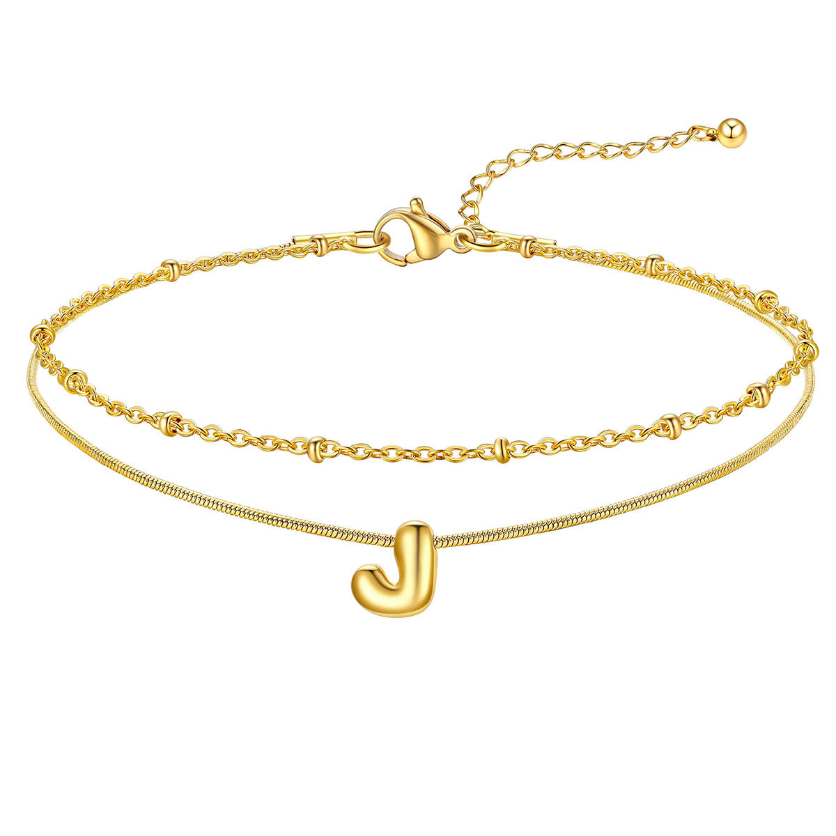 Layered Chain With Beads Bubble Initial Anklets for Mom Gift