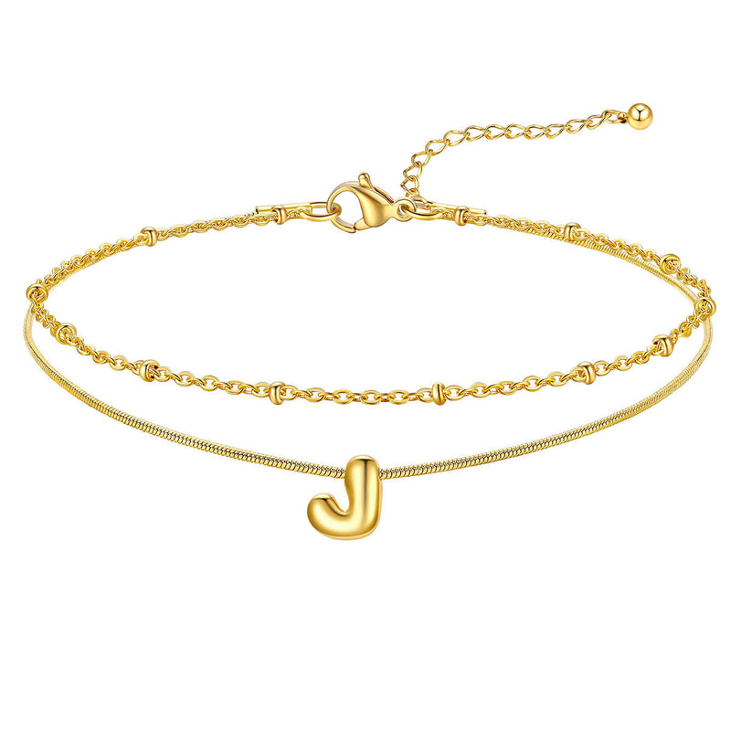Layered Chain With Beads Bubble Initial Anklets for Mom Gift