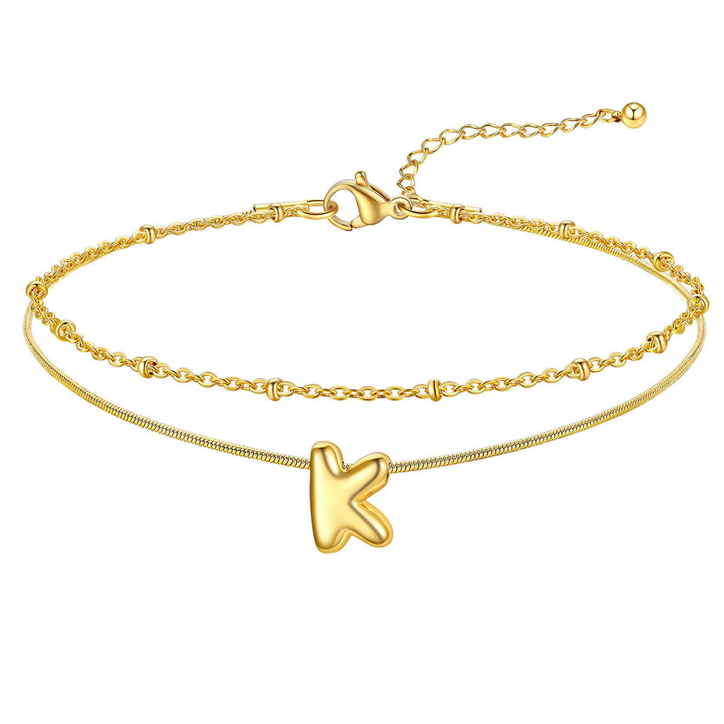 Layered Chain With Beads Bubble Initial Anklets for Mom Gift