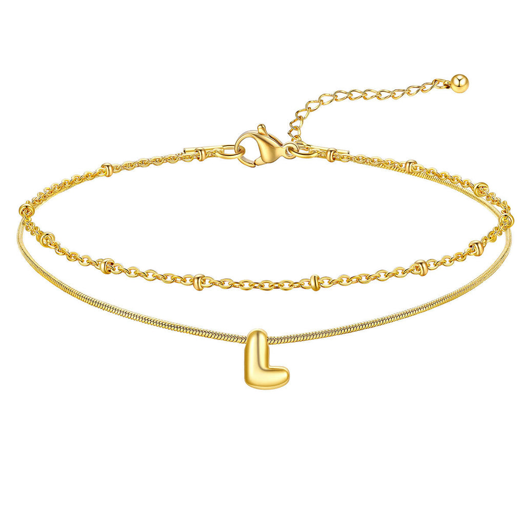 Layered Chain With Beads Bubble Initial Anklets for Mom Gift