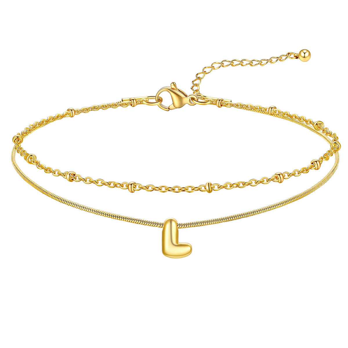 Layered Chain With Beads Bubble Initial Anklets for Mom Gift