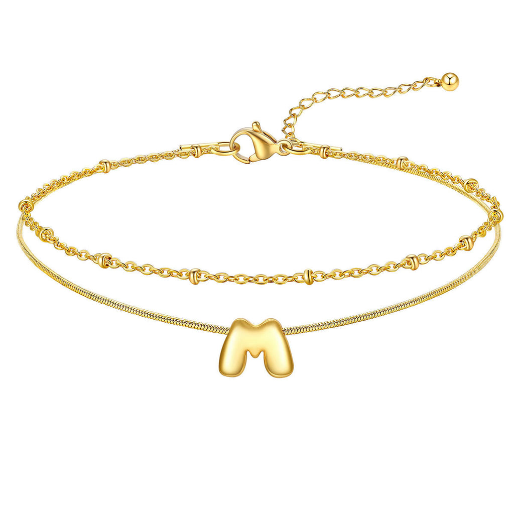 Layered Chain With Beads Bubble Initial Anklets for Mom Gift