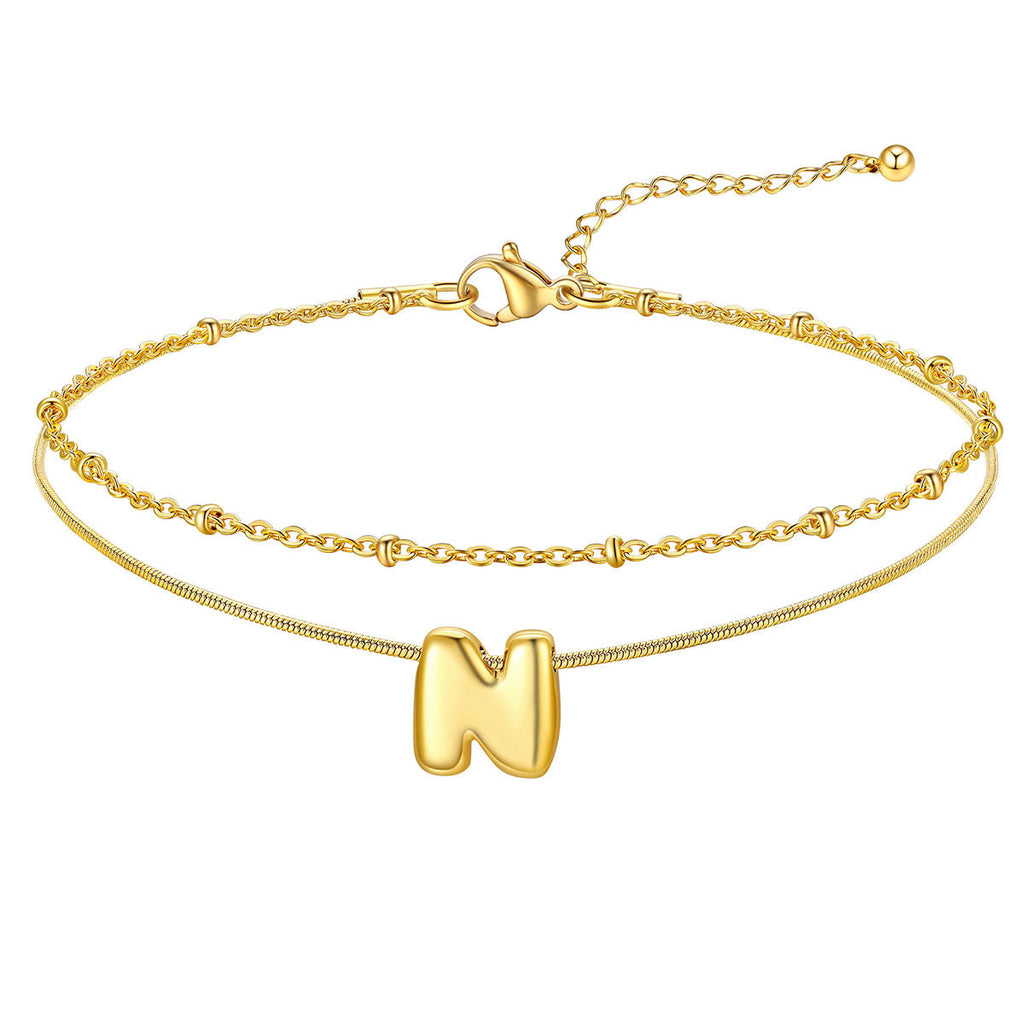 Layered Chain With Beads Bubble Initial Anklets for Mom Gift