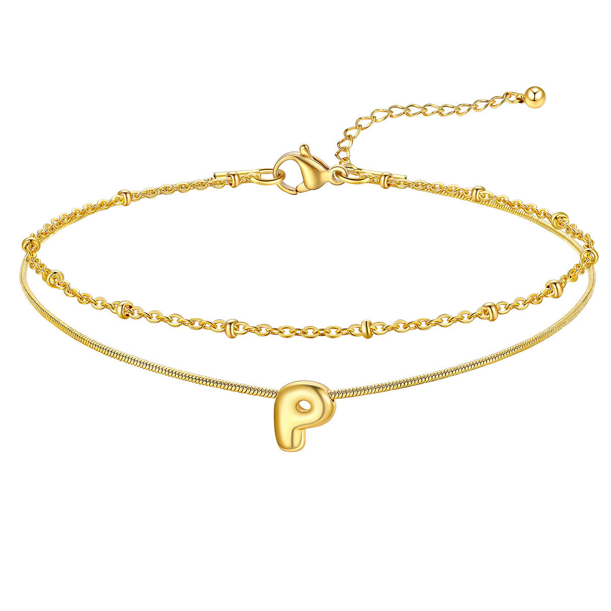 Layered Chain With Beads Bubble Initial Anklets for Mom Gift