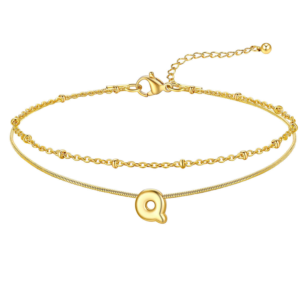Layered Chain With Beads Bubble Initial Anklets for Mom Gift
