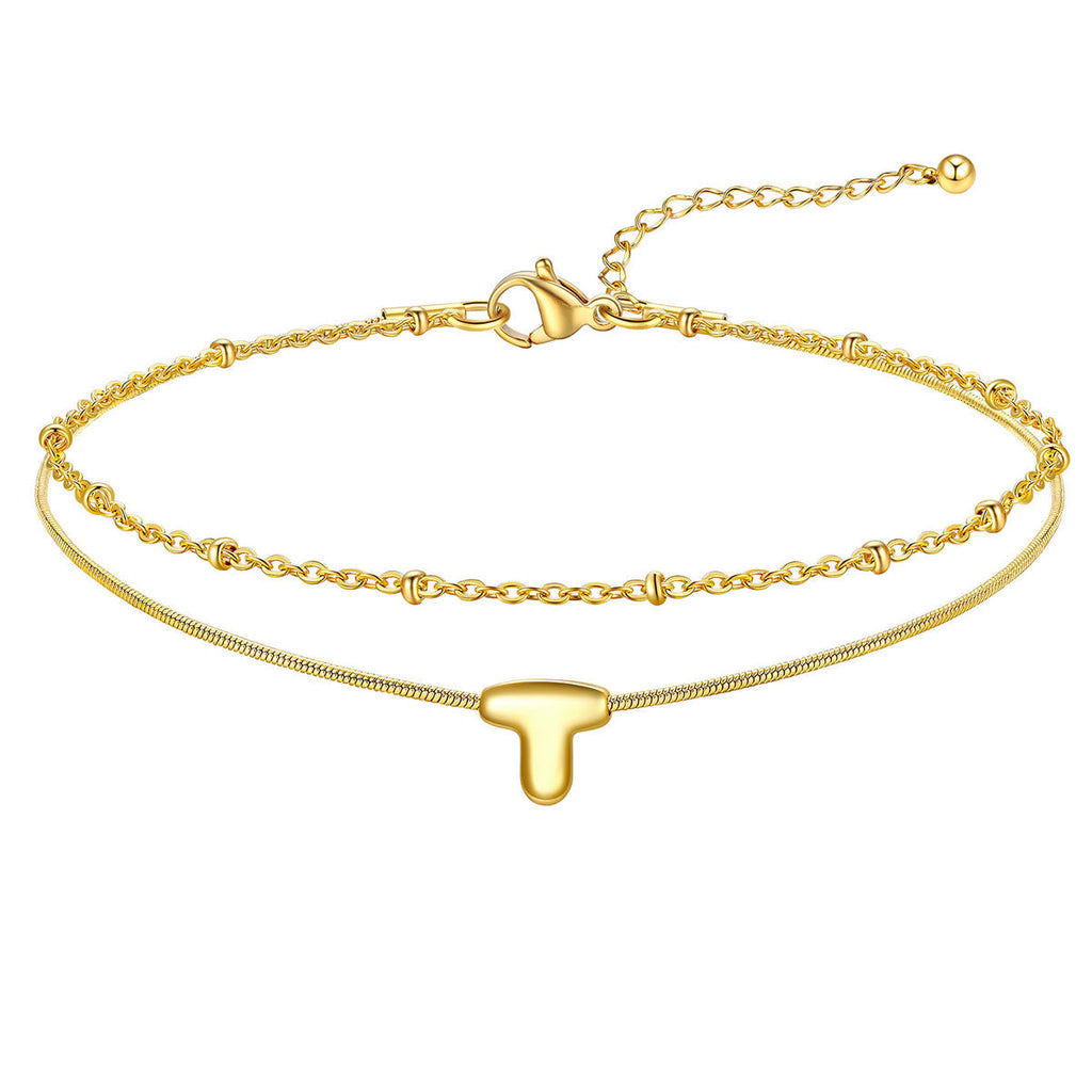 Layered Chain With Beads Bubble Initial Anklets for Mom Gift