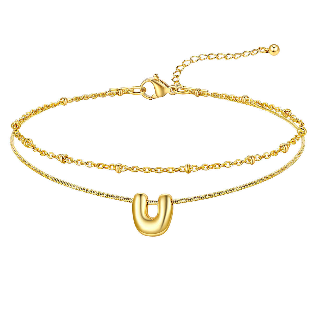 Layered Chain With Beads Bubble Initial Anklets for Mom Gift