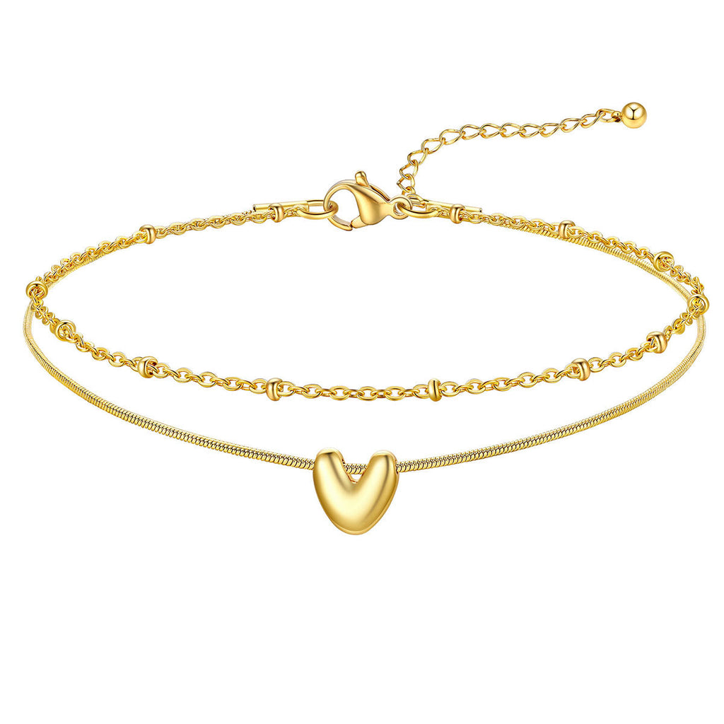 Layered Chain With Beads Bubble Initial Anklets for Mom Gift