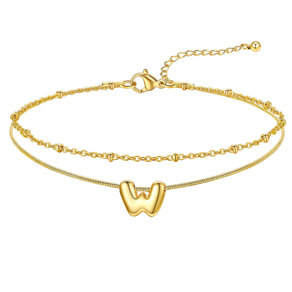 Layered Chain With Beads Bubble Initial Anklets for Mom Gift