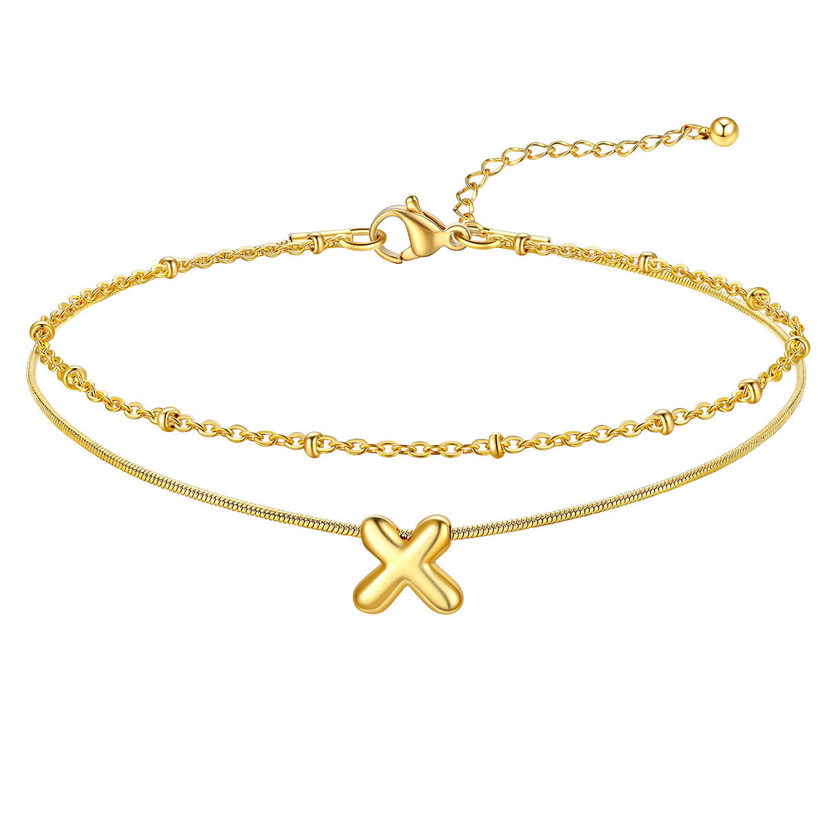 Layered Chain With Beads Bubble Initial Anklets for Mom Gift