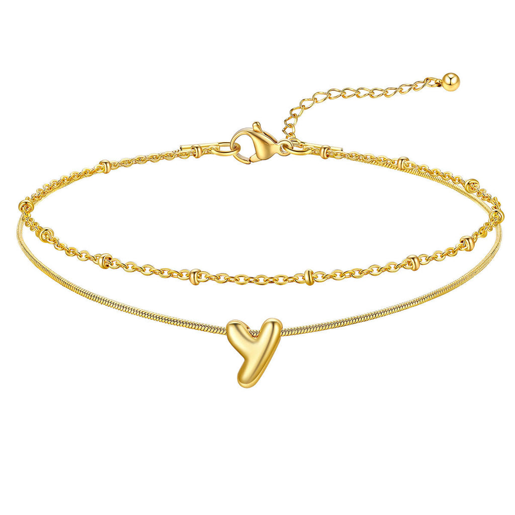 Layered Chain With Beads Bubble Initial Anklets for Mom Gift