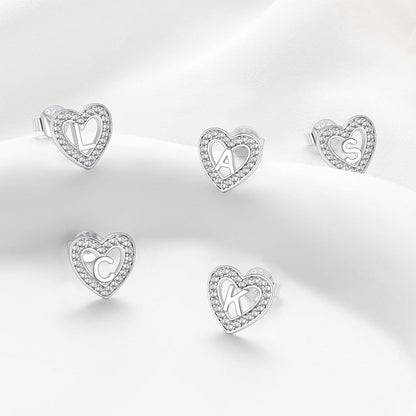 Silver Heart Initial Letter Stud Cubic Zirconia Earrings for Girl