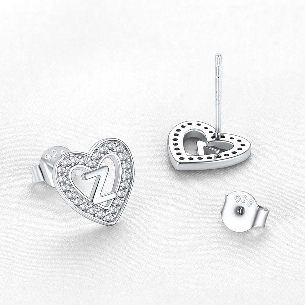 Silver Heart Initial Letter Stud Cubic Zirconia Earrings for Girl