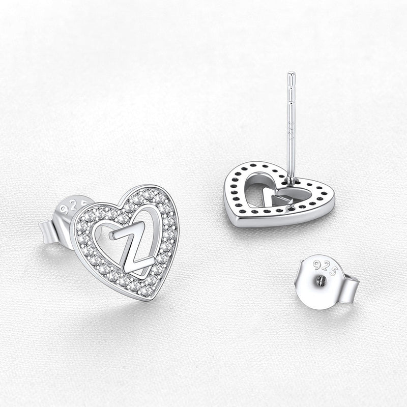 Silver Heart Initial Letter Stud Cubic Zirconia Earrings for Girl
