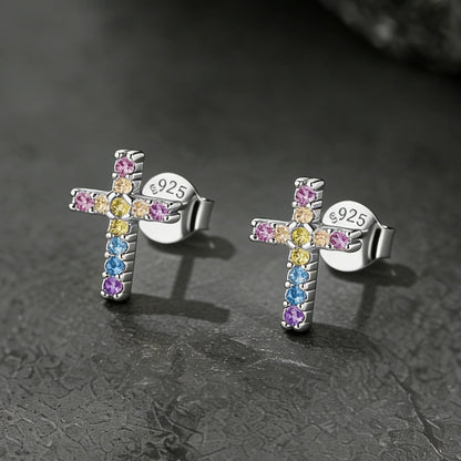 Sterling Silver Cross Stud Earrings for With Cz, Christian Jewelry 10mm