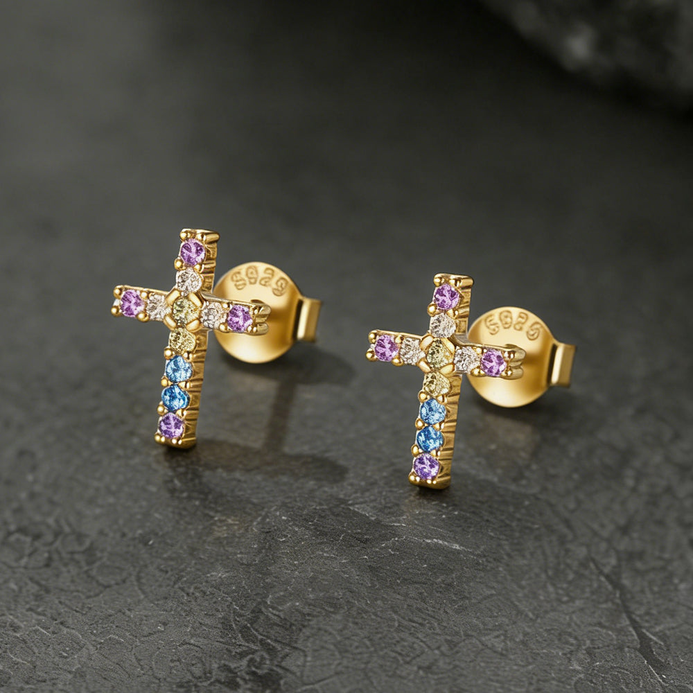 Sterling Silver Cross Stud Earrings for With Cz, Christian Jewelry 10mm