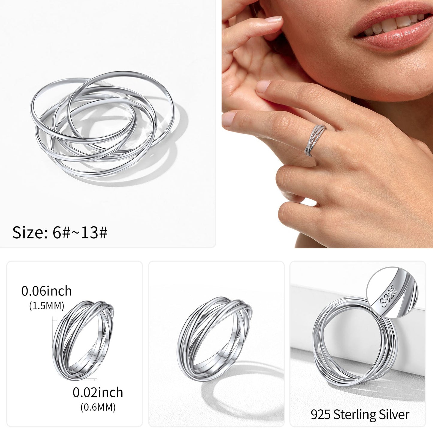925 Sterling Silver Multi Interlocked Rolling Stackable Ring