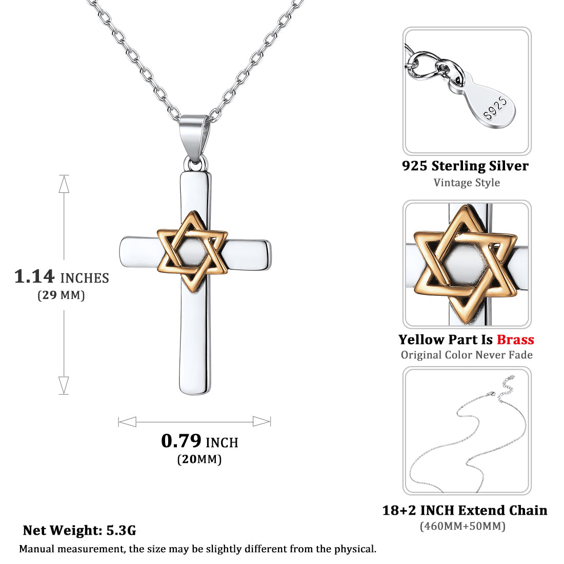 Silver Cross Star of David Pendant Necklace for