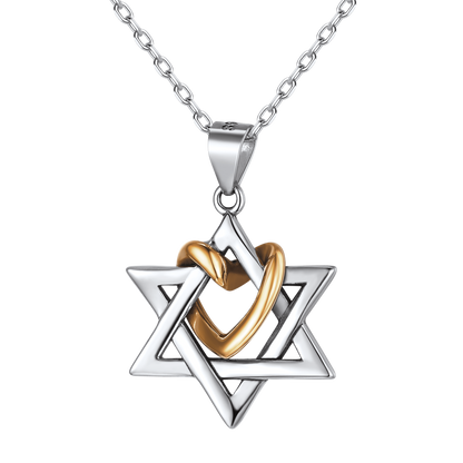 Silver Star of David Pendant With Heart Necklace