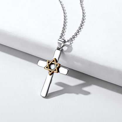 Silver Cross Star of David Pendant Necklace for