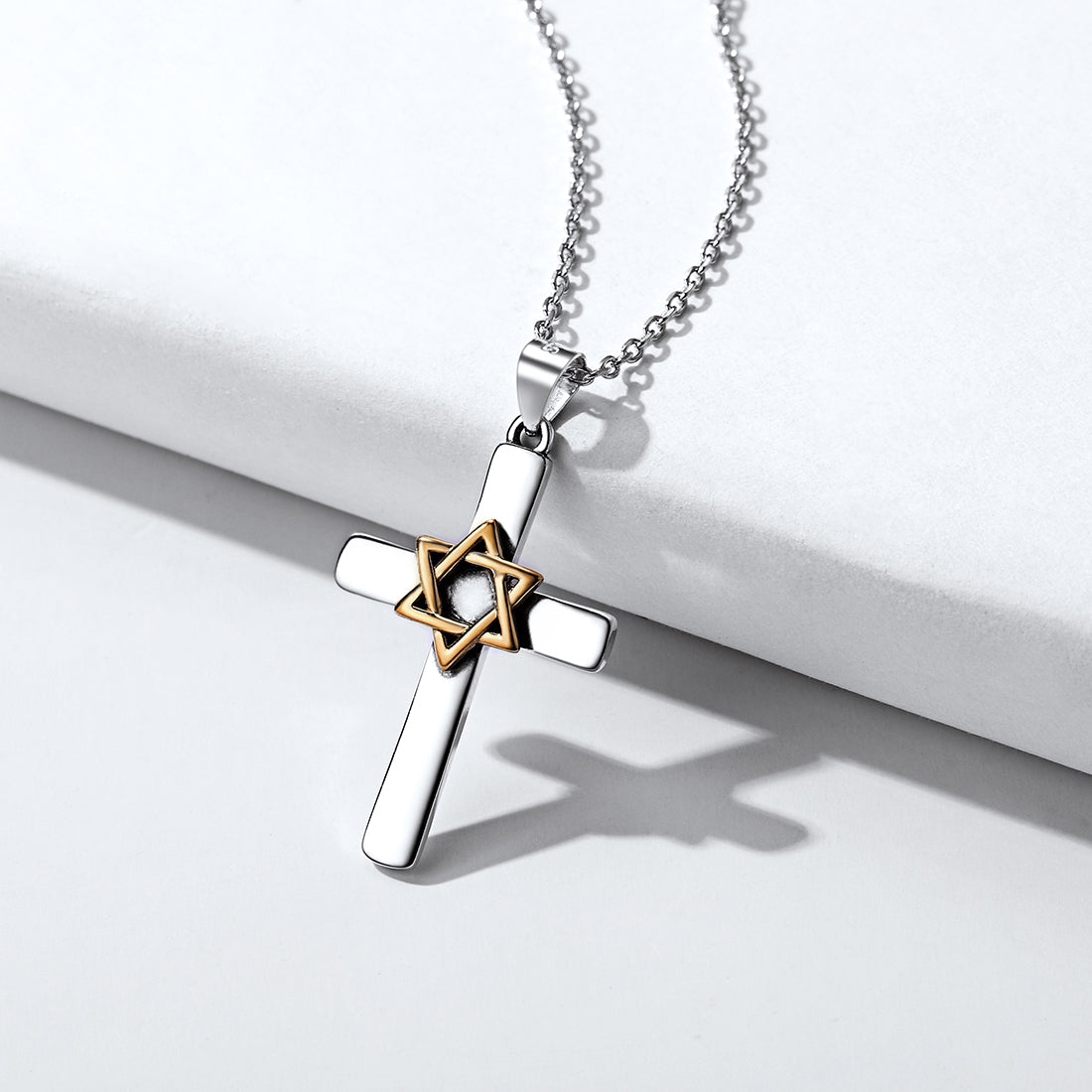 Silver Cross Star of David Pendant Necklace for