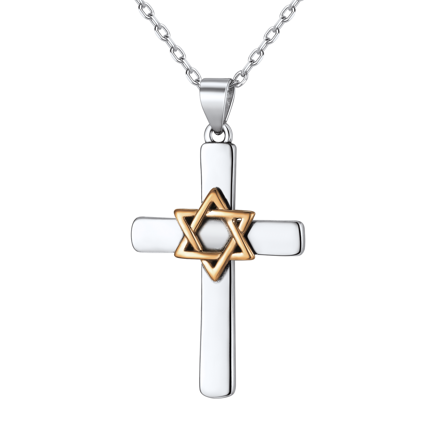 Silver Cross Star of David Pendant Necklace for