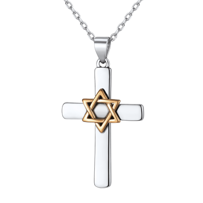 Silver Cross Star of David Pendant Necklace for