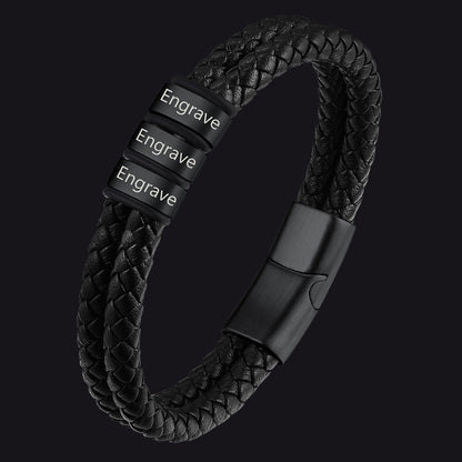 Personalized Braided Leather Bracelet With Engraved Name Beaded for