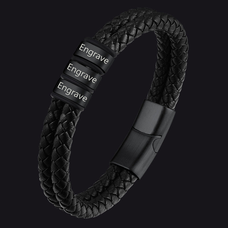 Personalized Braided Leather Bracelet With Engraved Name Beaded for