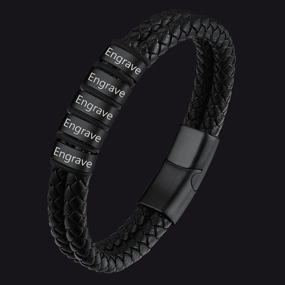 Personalized Braided Leather Bracelet With Engraved Name Beaded for