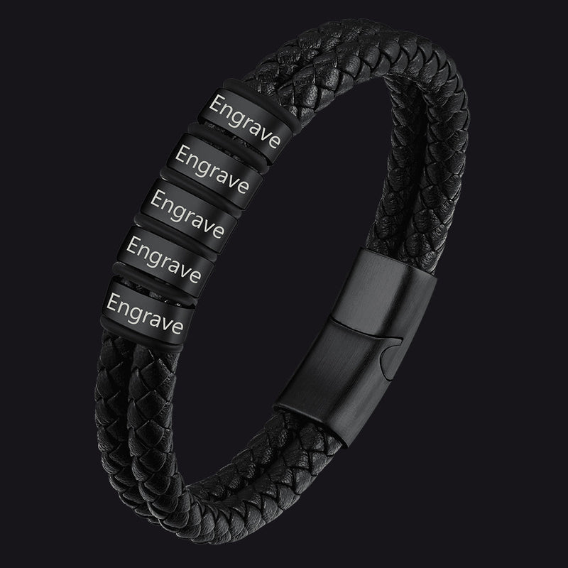 Personalized Braided Leather Bracelet With Engraved Name Beaded for