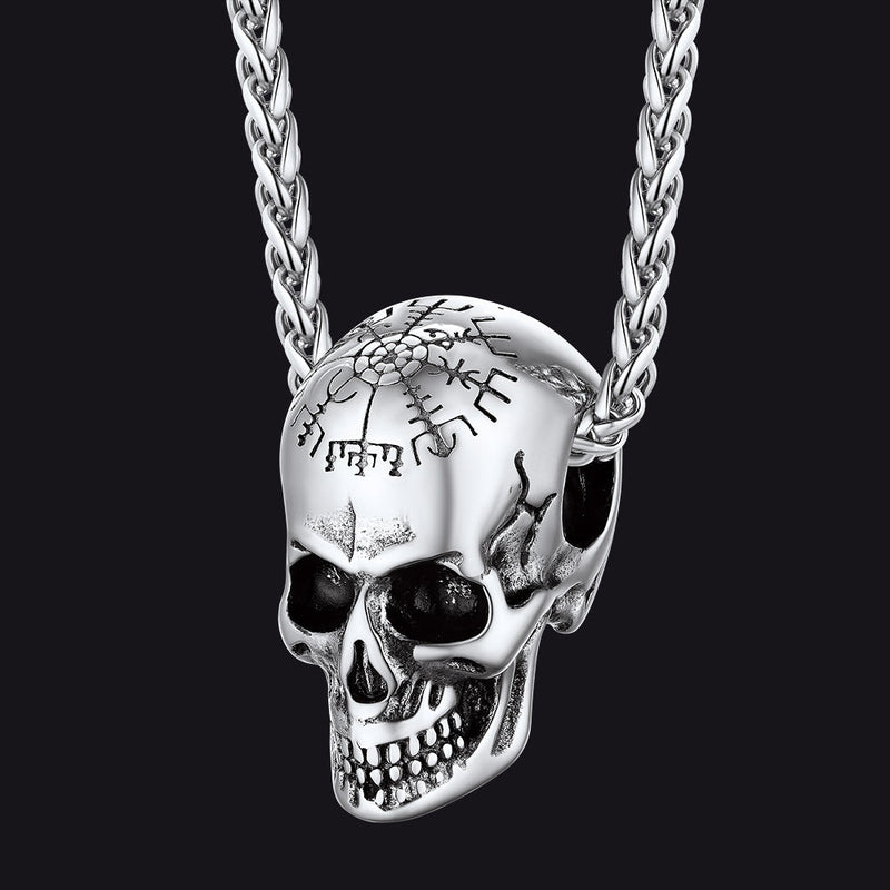Nordic Viking Compass Skull Pendant Necklace for