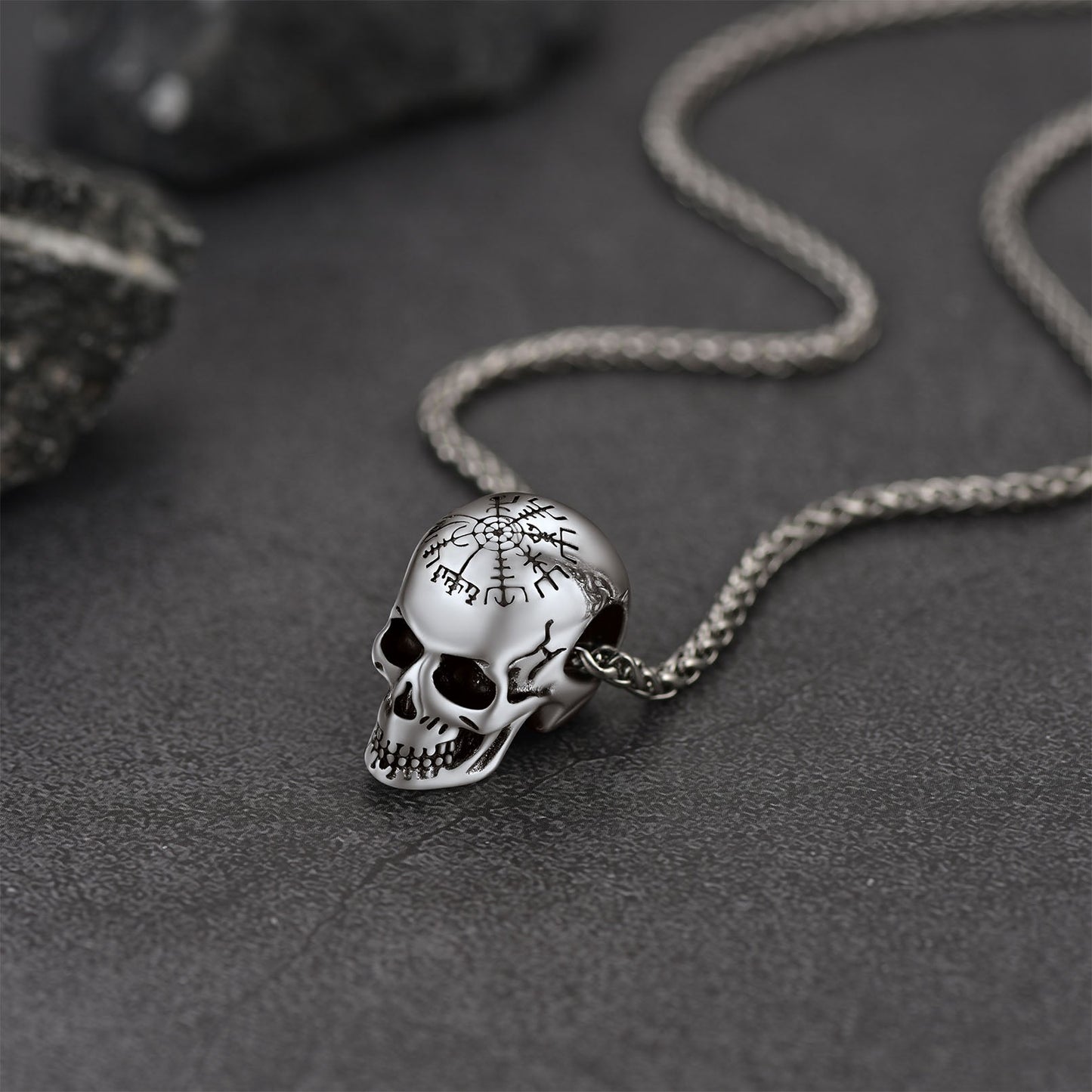 Nordic Viking Compass Skull Pendant Necklace for