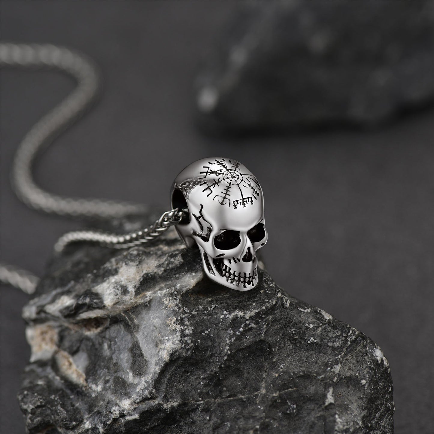Nordic Viking Compass Skull Pendant Necklace for