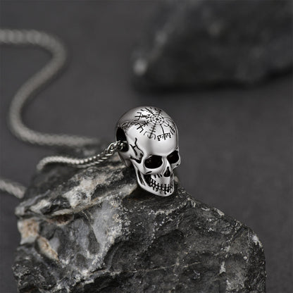 Nordic Viking Compass Skull Pendant Necklace for