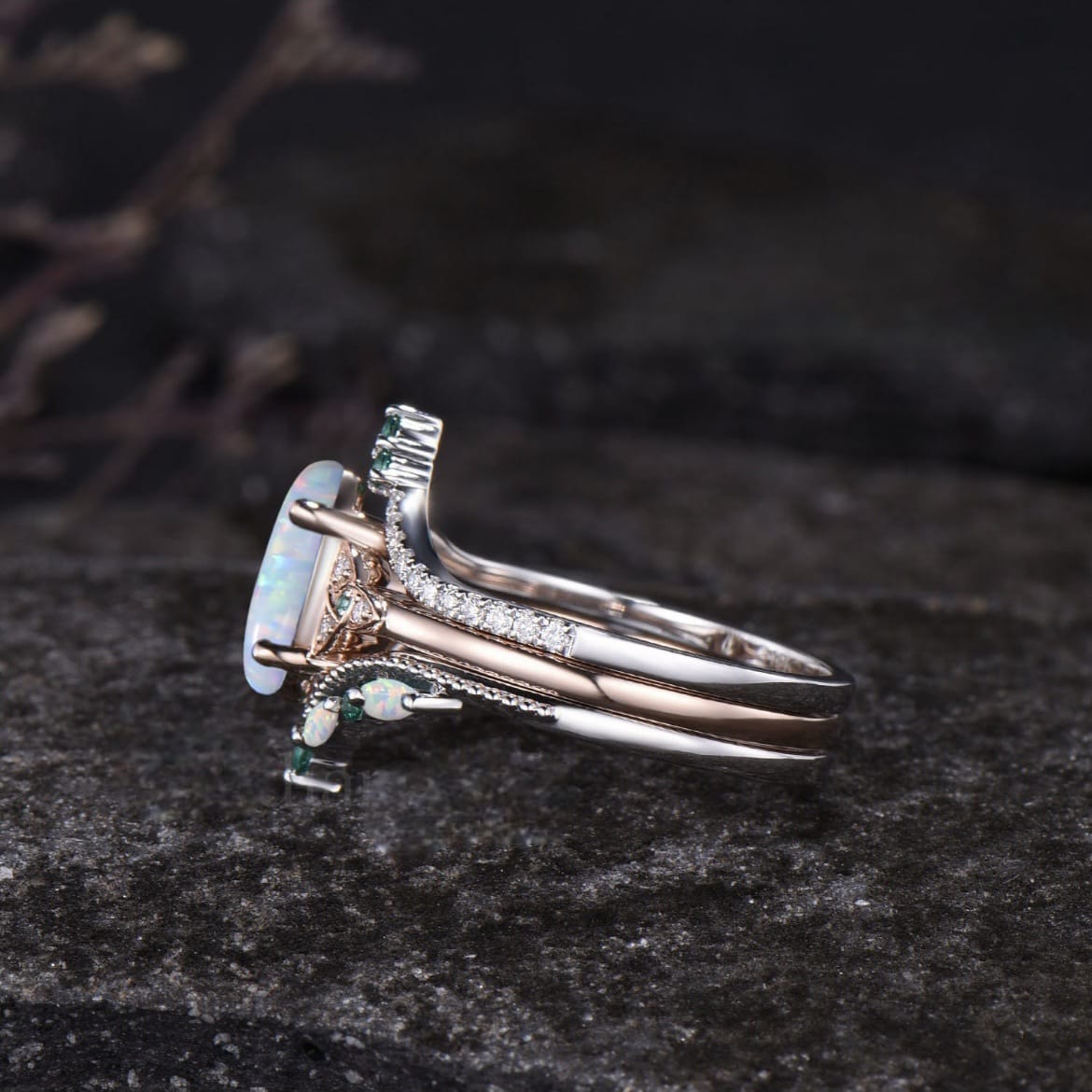 Divine Goddess Opal Triquetra Ring Set