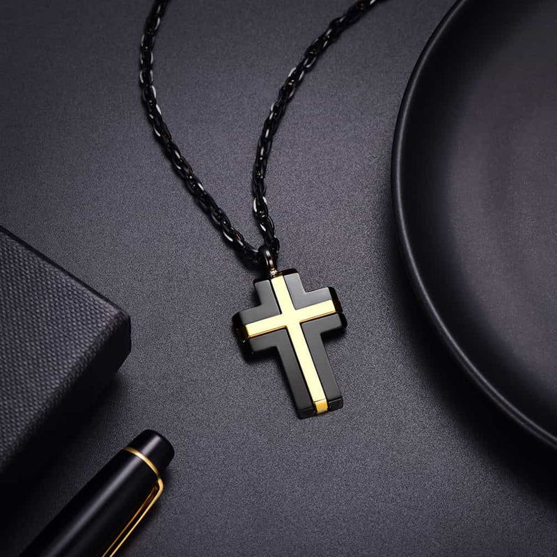 Stainless Steel Two Tone Cross Pendant Necklace for