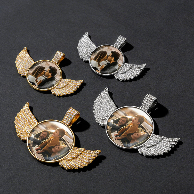 Customized Picture Circle Chain Necklace With Angel Wing Memorial Gift for