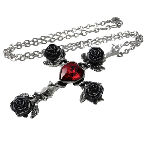 Black Rose Red Crystal Heart Rosifix Cross Necklace by Alchemy Gothic