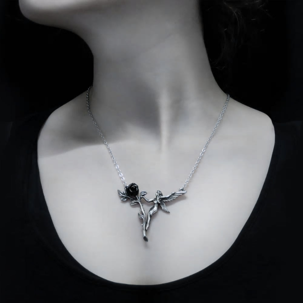 Faerie Glade Fairy Black Rose Necklace by Alchemy Gothic