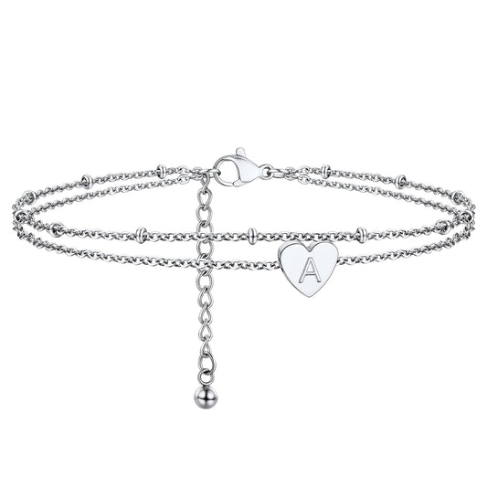 Initial Letter Heart Anklet Chain Layered Anklet for