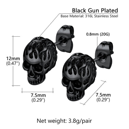 Gothic Flaming Skull Stud Earrings for