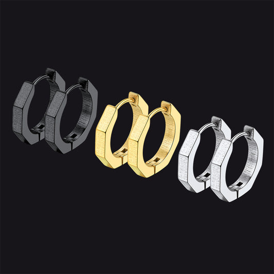 Punk Octagon Piercing Huggie Hoop Earrings Set for 3 Pairs
