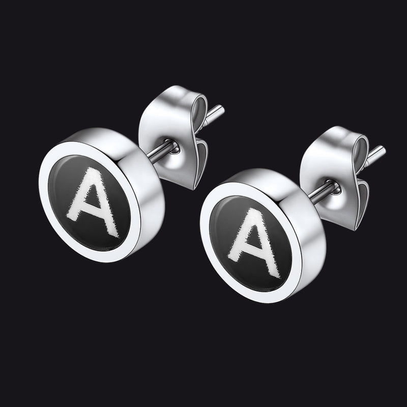 Personalized Black Enamel Initial Letter Stud Earrings for