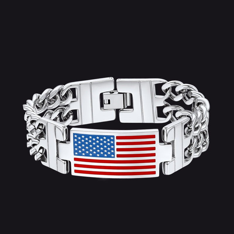 Usa American Flag Cuban Link Chain Bracelet for 8mm Width