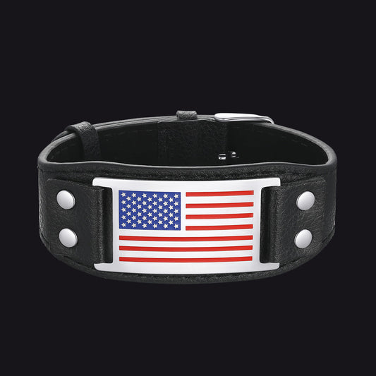 Black American Flag Leather Bracelet Wristband for