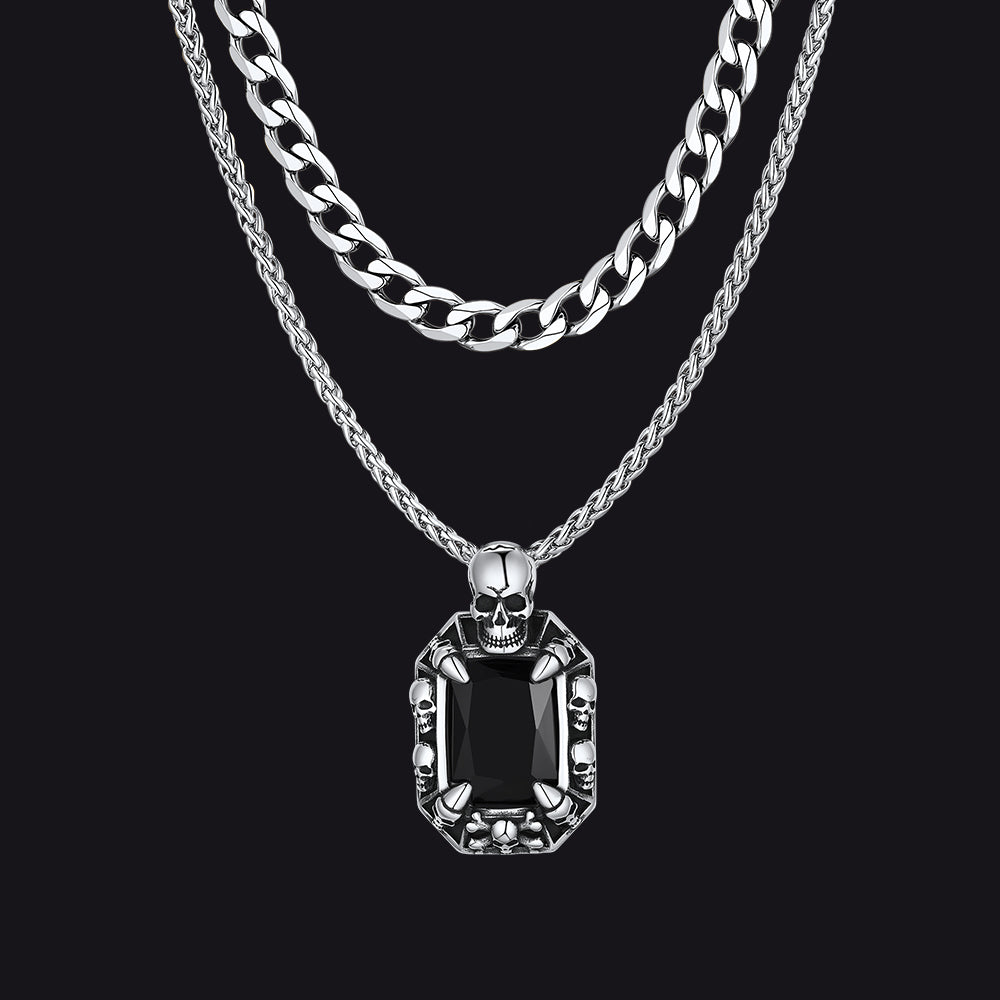 Cuban Curb Chain & Skull Crystal Layered Necklaces Set for