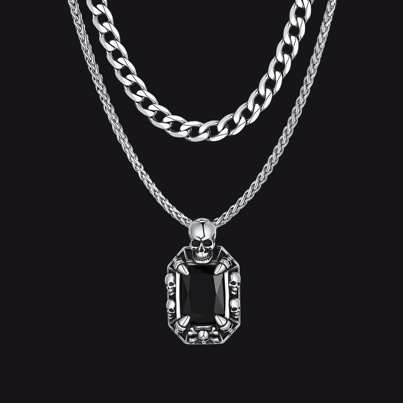 Cuban Curb Chain & Skull Crystal Layered Necklaces Set for