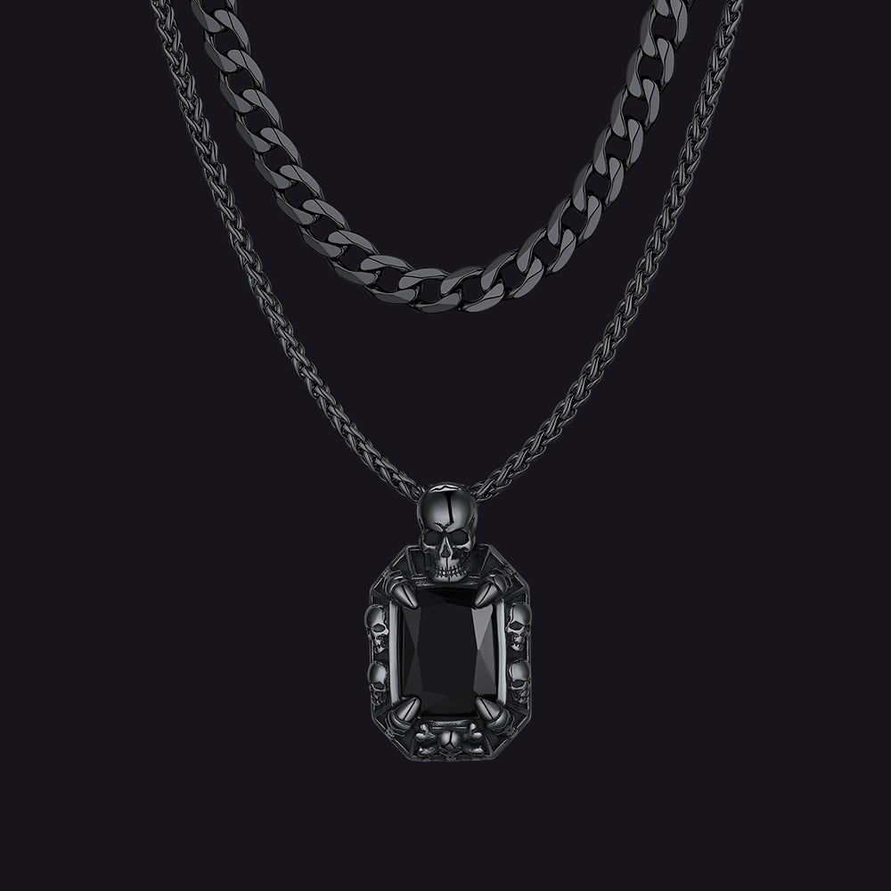 Cuban Curb Chain & Skull Crystal Layered Necklaces Set for