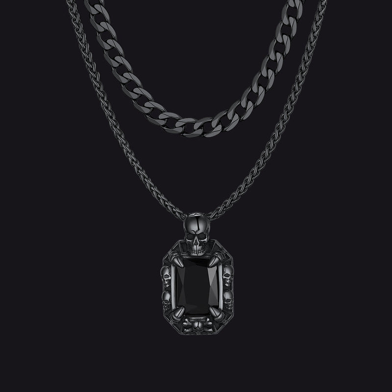 Cuban Curb Chain & Skull Crystal Layered Necklaces Set for